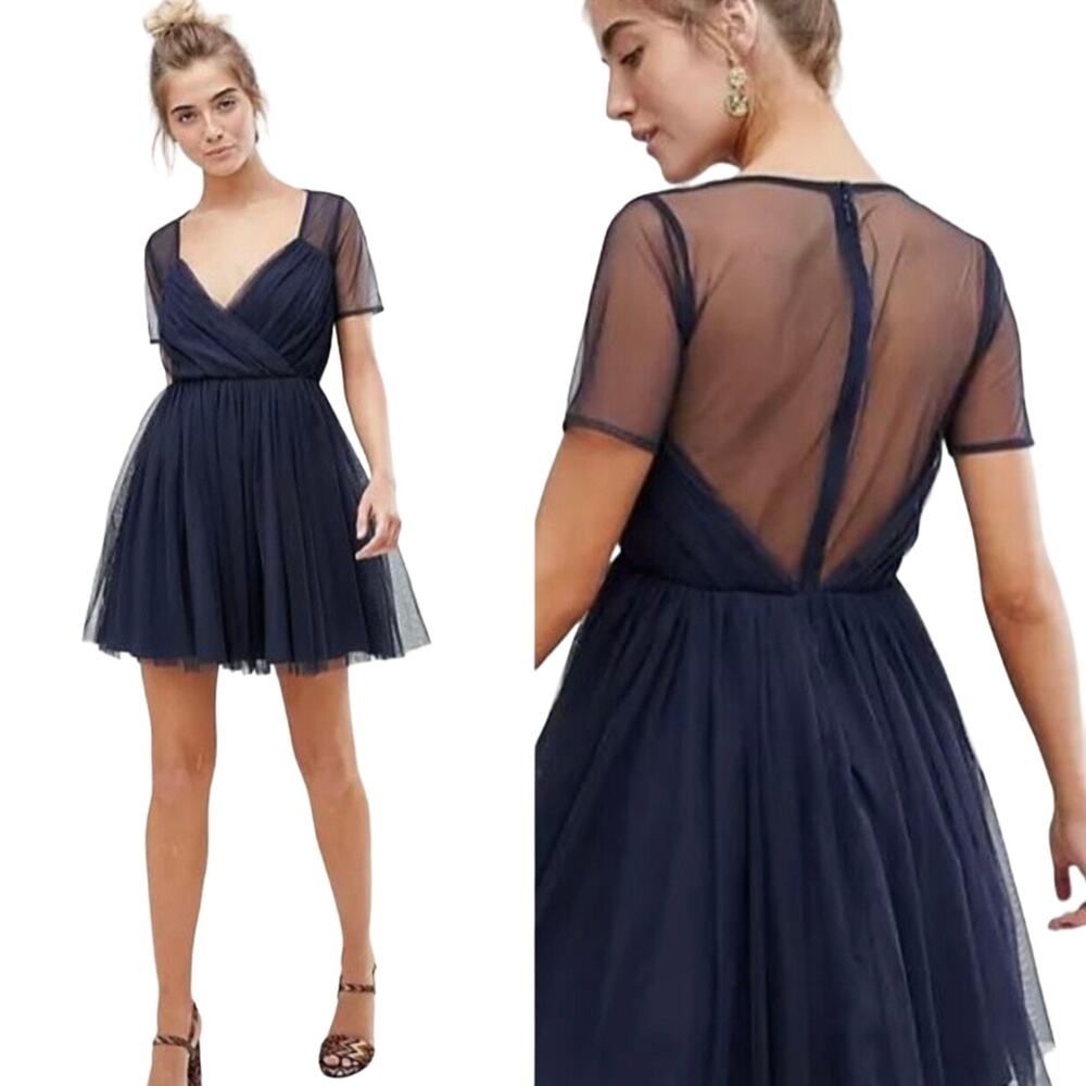 Elegant Navy Blue Mesh Dress